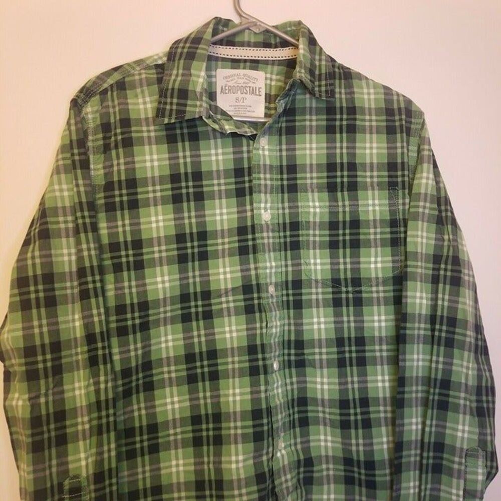 Aeropostale Mens SMALL Green Blue White Button Down Long Sleeve Shirt